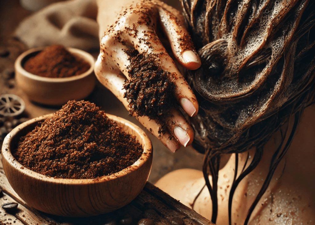 washing hair with coffee scrub and bowl with stale coffee ground