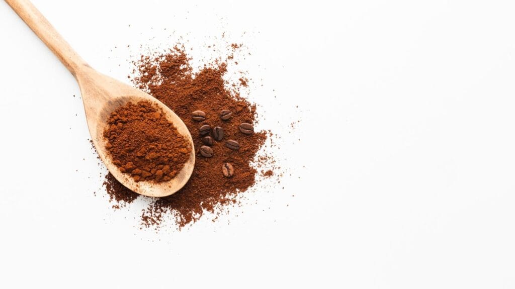 Wooden spoon filled with ground coffee, scattered coffee powder, and roasted coffee beans on a white background.