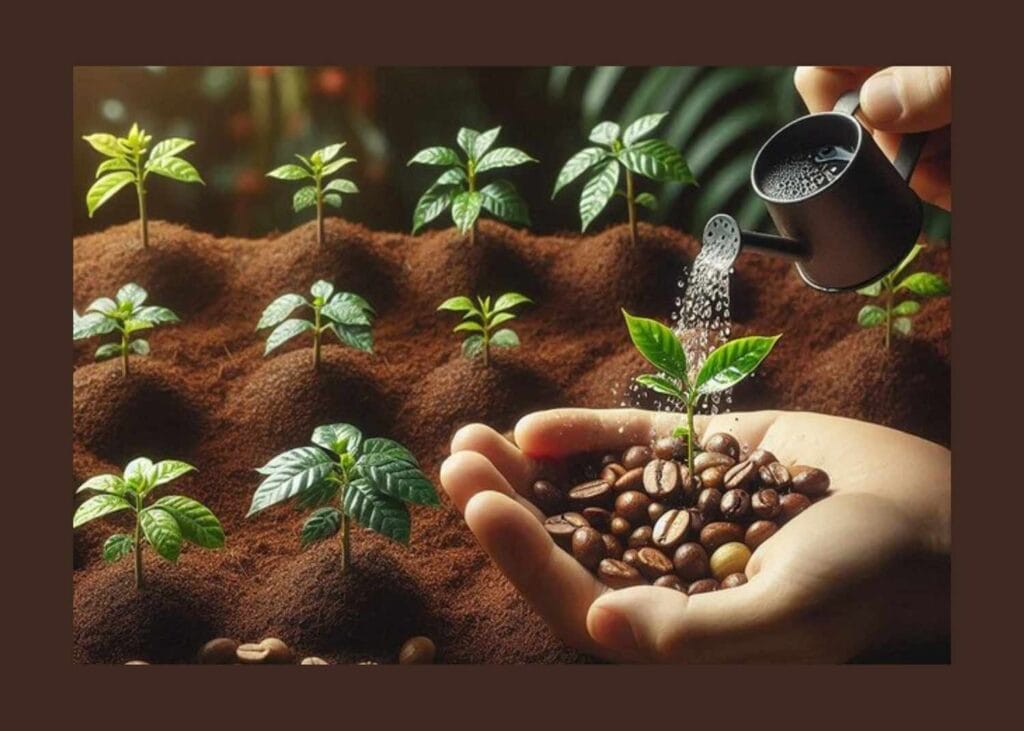 Hand holding coffee beans, watering a young plant illustrating how to grow your own coffee beans