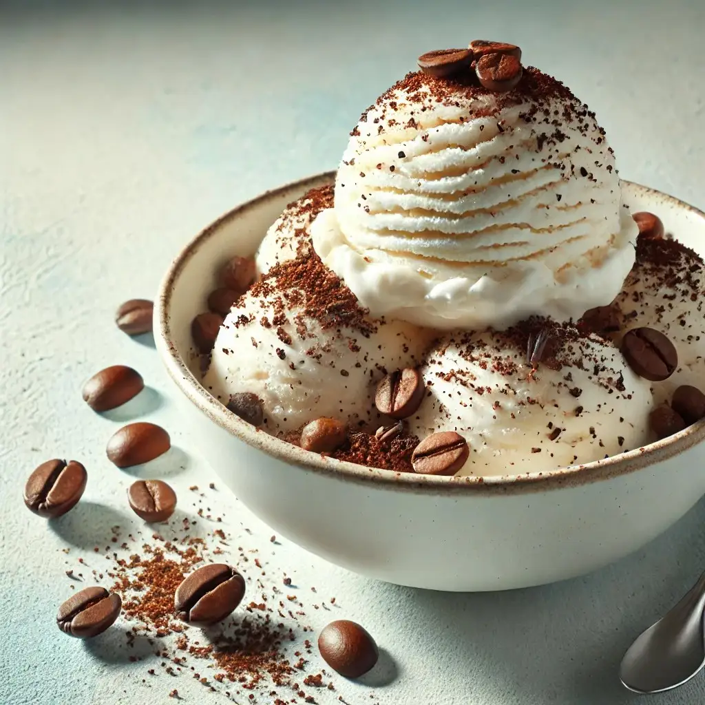 ground coffee beans over vanilla ice cream