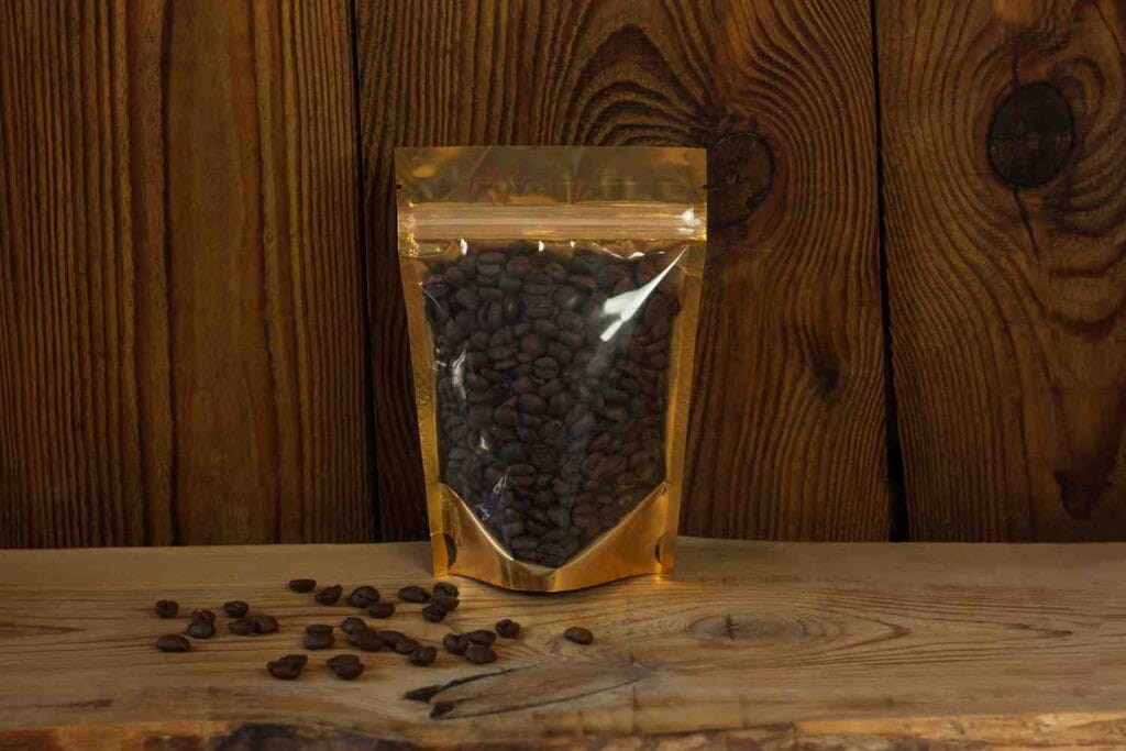 coffee beans in packing bag and open arround the bag