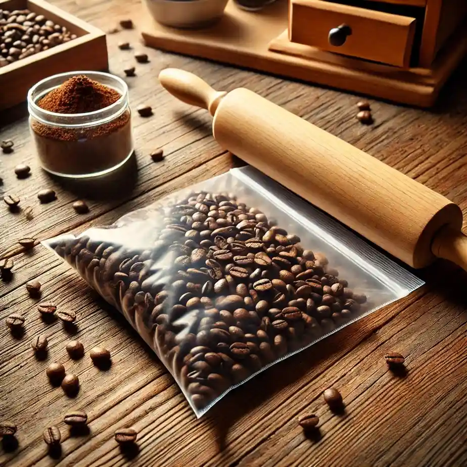 smashing coffee beans with a rolling pin