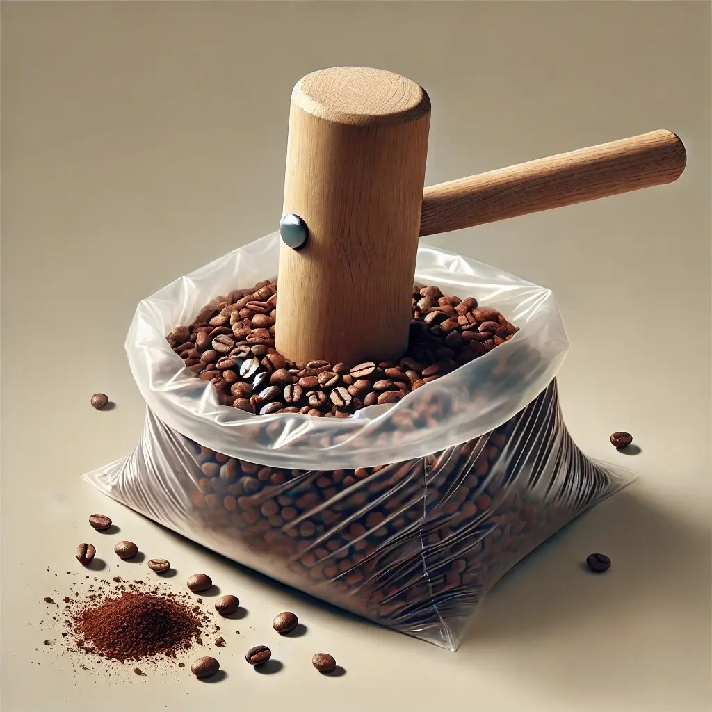 grinding coffee beans with a hammer
